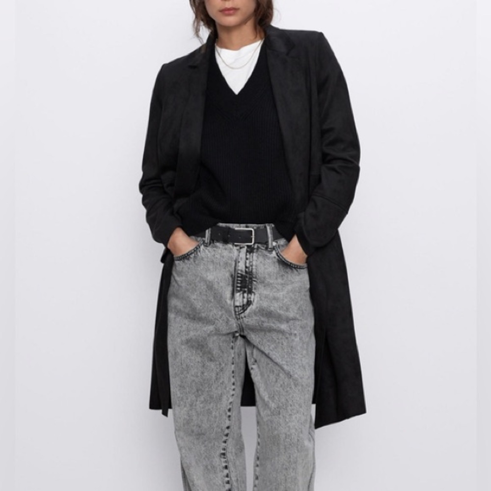 ZARA black faux suede midi Blazer Coat size small - Picture 1 of 12